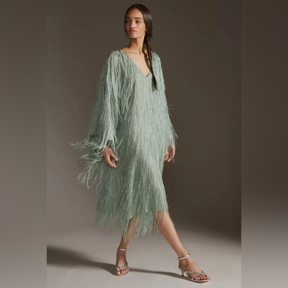 Anthropologie Fringed Shine Kaftan - green